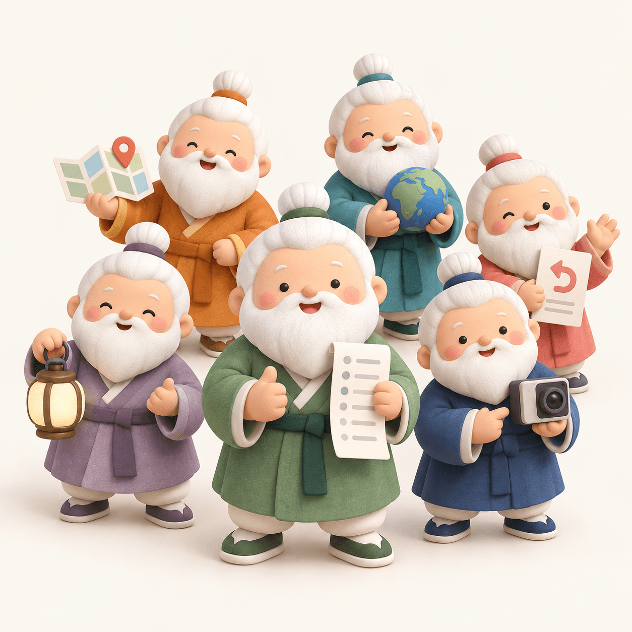 영수증, 등불, 카메라, 지도, 지구본과 환불 영수증을 든 여섯 도사