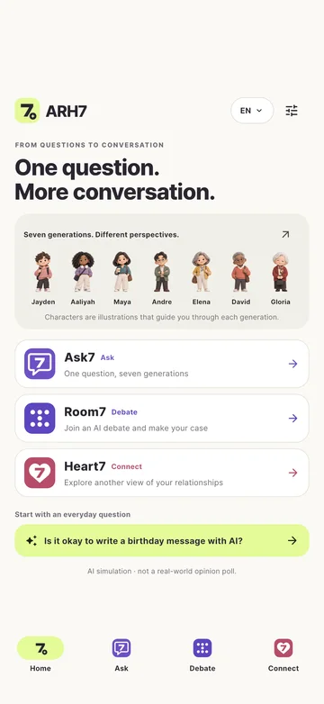 Actual ARH7 app screen · English · Home