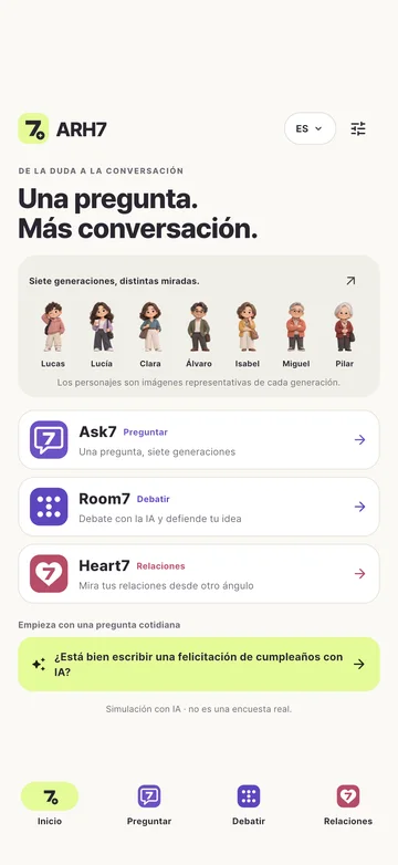 Pantalla real de la app ARH7 · Español · Inicio
